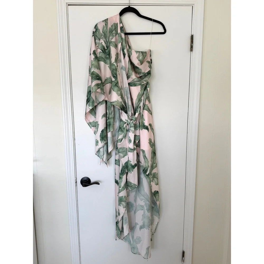 Significant Other $329 Pink Green Tropical Leaf‎ One Shoulder Maxi Dress US 10